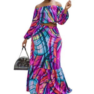 Lamae's Off the Shoulder Two Piece Mixed Print A Line Skirt Set